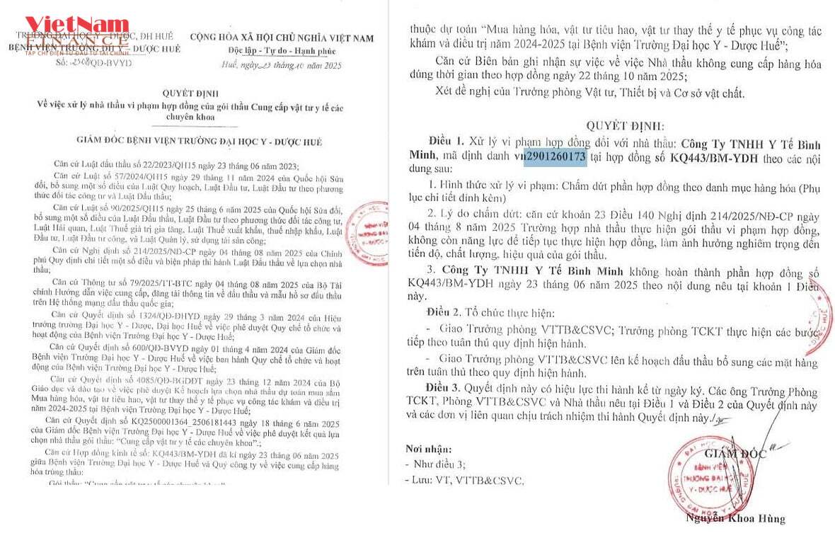 Quyết định xử l&yacute; vi phạm hợp đồng đối với C&ocirc;ng ty TNHH Y tế B&igrave;nh Minh.