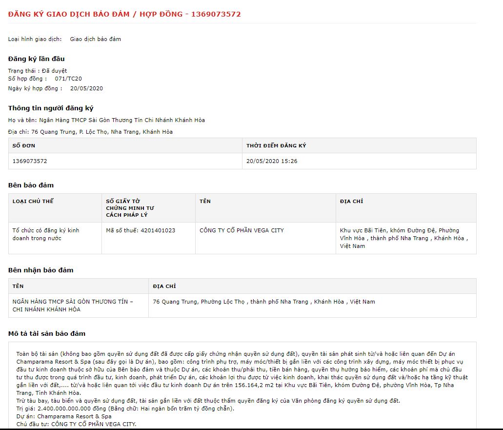 Thông tin thế chấp dự án Vega City Nha Trang cho khoản vay 2.400 tỷ đồng.