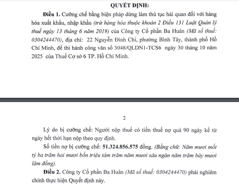 Quyết định cưỡng chế đối với C&ocirc;ng ty cổ phần Ba Hu&acirc;n.&nbsp;