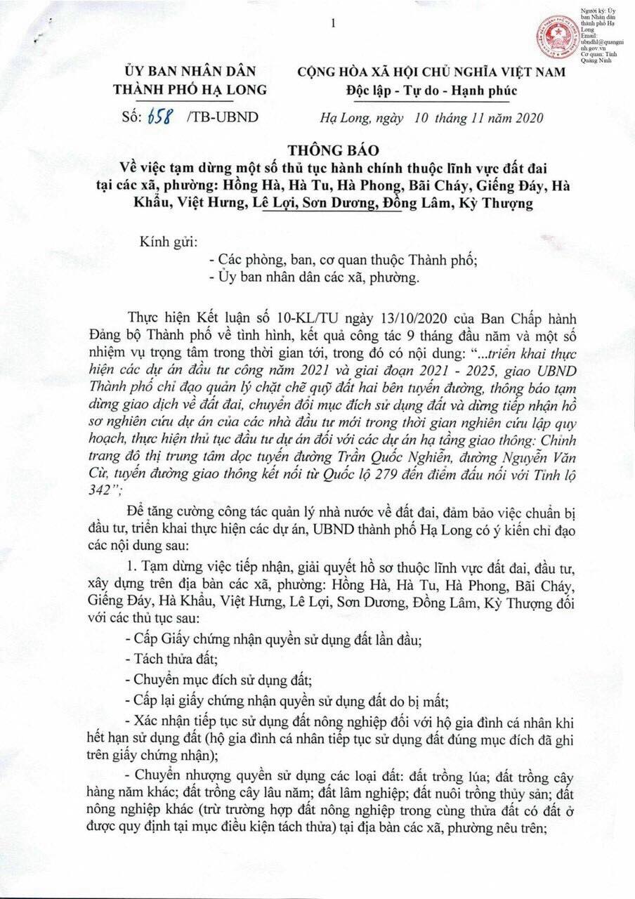 N&#243;ng: Quảng Ninh tạm dừng thủ tục h&#224;nh ch&#237;nh thuộc lĩnh vực đất đai tại một số x&#227;, phường Th&#224;nh phố Hạ Long - Ảnh 1