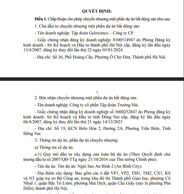 UBND TP H&agrave; Nội vừa quyết định cho ph&eacute;p Tập đo&agrave;n Geleximco chuyển nhượng một phần dự &aacute;n Ng&ocirc;i sao An B&igrave;nh 2 (Nguồn: Quyết định số 5354/QĐ-UBND TP H&agrave; Nội)