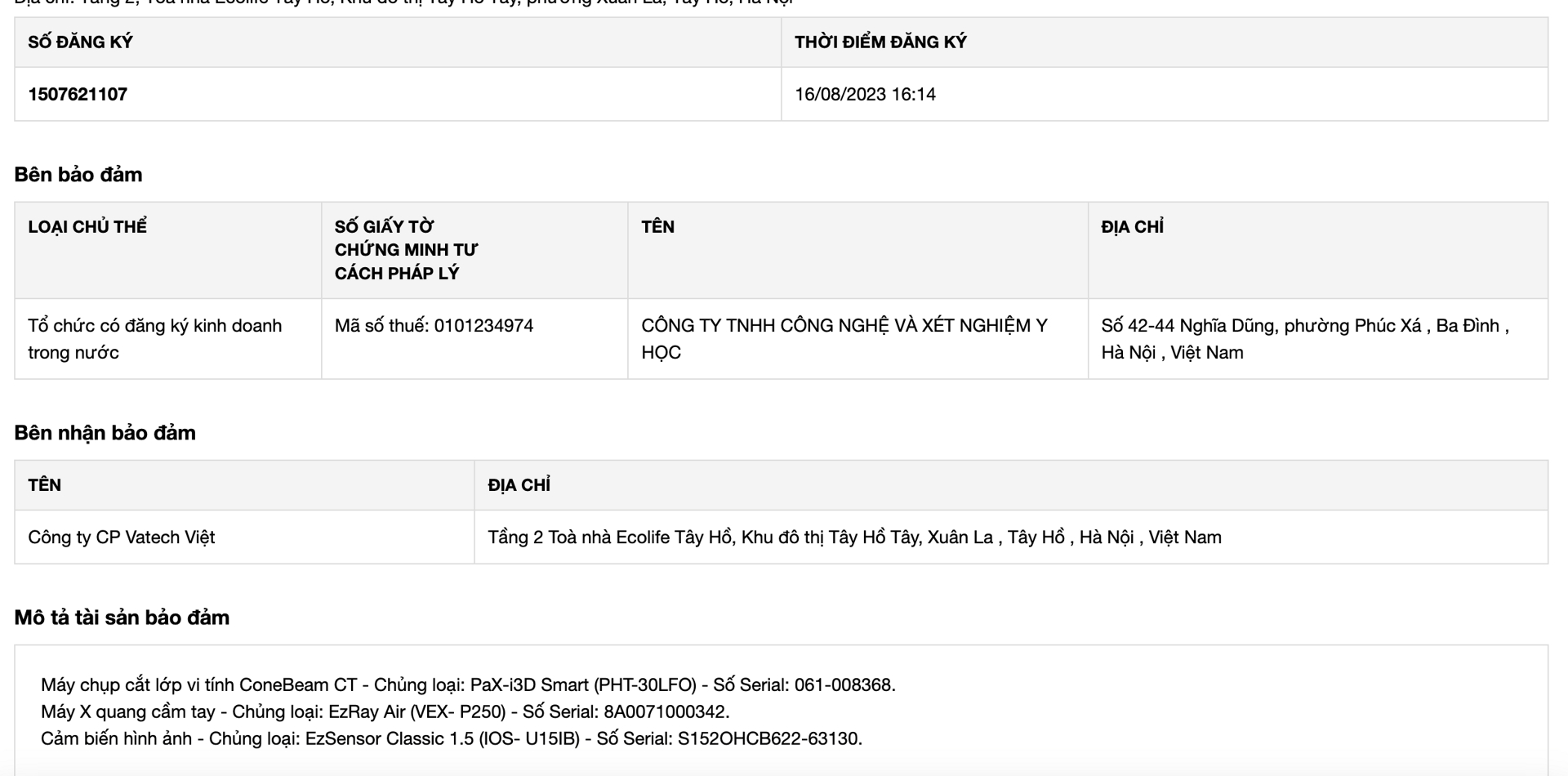 Thiết bị được thế chấp tại&nbsp;C&ocirc;ng ty cổ phần Vatech Việt