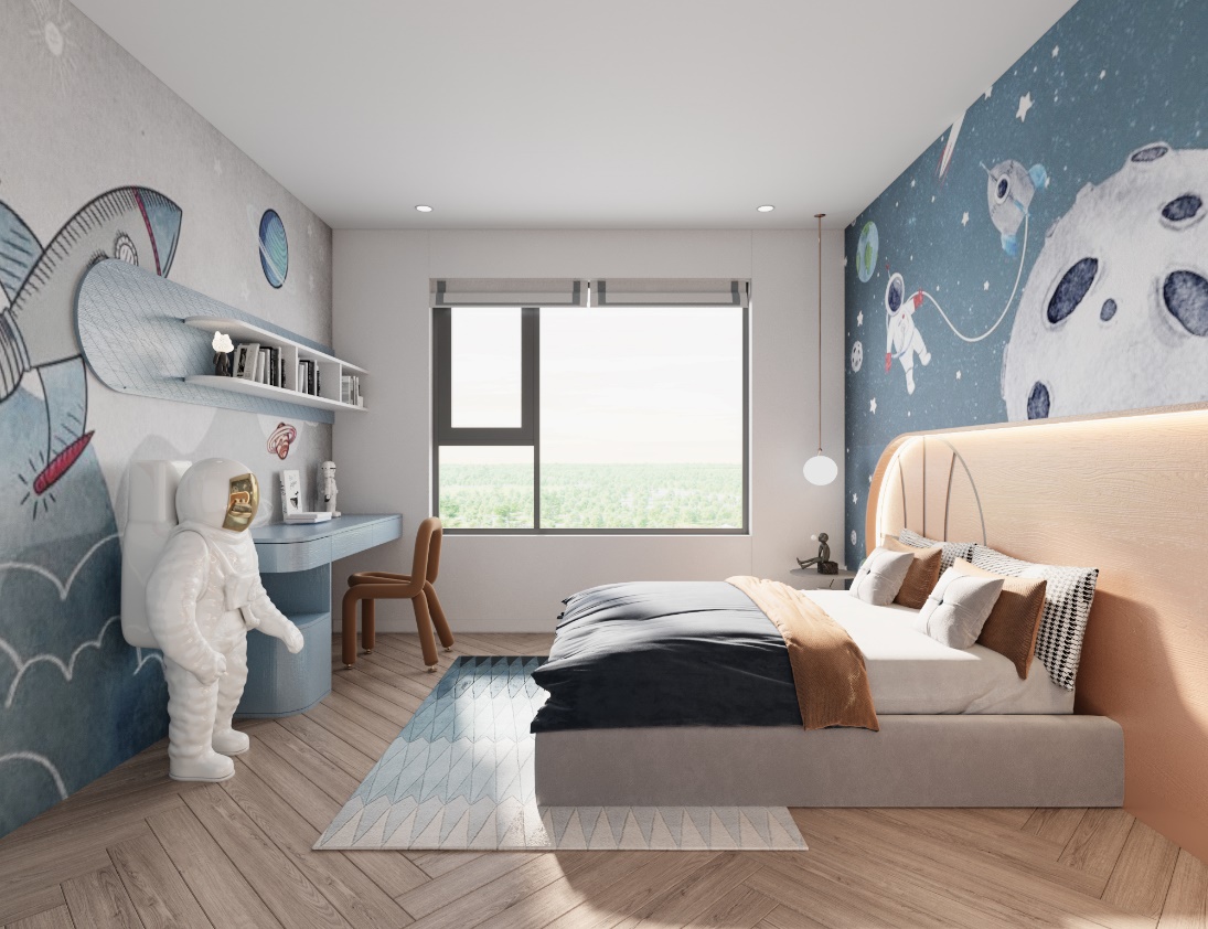 Ph&ograve;ng ngủ trẻ em được sắp đặt hướng trực diện ra hồ điều ho&agrave; 4,8ha. Thiết kế hệ cửa sổ k&iacute;nh lớn gi&uacute;p đ&oacute;n trọn tầm nh&igrave;n ra khoảng kh&ocirc;ng gian xanh rộng lớn như một điểm chấm ph&aacute; tươi m&aacute;t cho cả căn ph&ograve;ng.