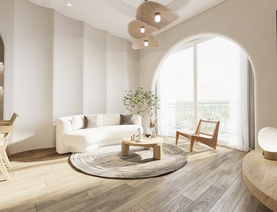 Khu vực ph&ograve;ng kh&aacute;ch nối liền ra ban c&ocirc;ng, gia chủ c&oacute; thể c&aacute;ch điệu &ocirc; k&iacute;nh vu&ocirc;ng bằng khung v&ograve;m v&agrave; lựa chọn những set đồ ph&ograve;ng kh&aacute;ch mềm mại, trang nh&atilde;, đậm chất &Aacute; Đ&ocirc;ng, mang đến một kh&ocirc;ng gian v&ocirc; c&ugrave;ng nhẹ nh&agrave;ng, thư th&aacute;i.