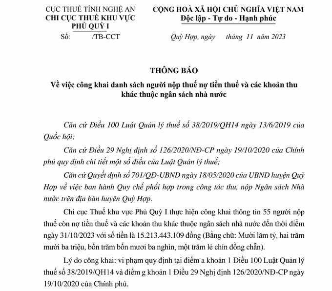 Th&ocirc;ng b&aacute;o nợ tiền thuế của 55 doanh nghiệp.