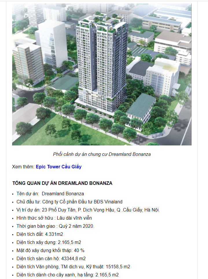 Nhiều website rao b&aacute;n bất động sản vẫn quảng c&aacute;o chung cư Dreamland Bonanza thuộc phường Dịch Vọng, quận Cầu Giấy, H&agrave; Nội.