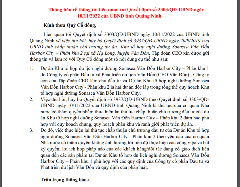 Th&ocirc;ng b&aacute;o của CEO Group li&ecirc;n quan đến Quyết định thu hồi chủ trương đầu tư dự &aacute;n Sonasea V&acirc;n Đồn Harbor City ph&acirc;n khu 2 của UBND tỉnh Quảng Ninh