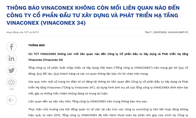 Vinaconex (VCG) đ&atilde; tho&aacute;i to&agrave;n bộ vốn khỏi Vinaconex 34 từ năm 2012 (Ảnh: VCG).