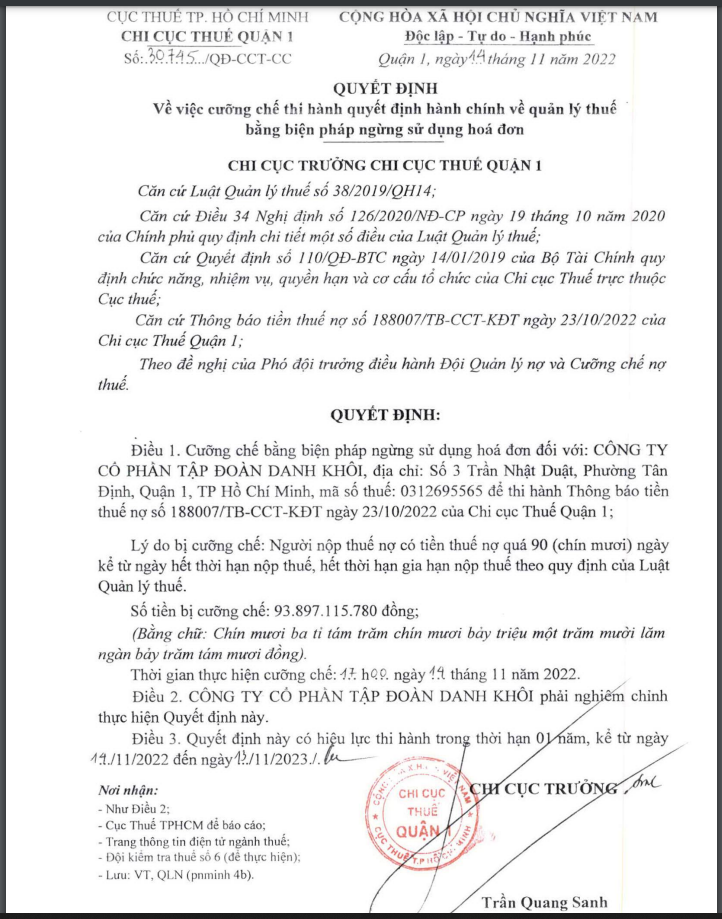 Quyết định cưỡng chế của Cục thuế TP HCM