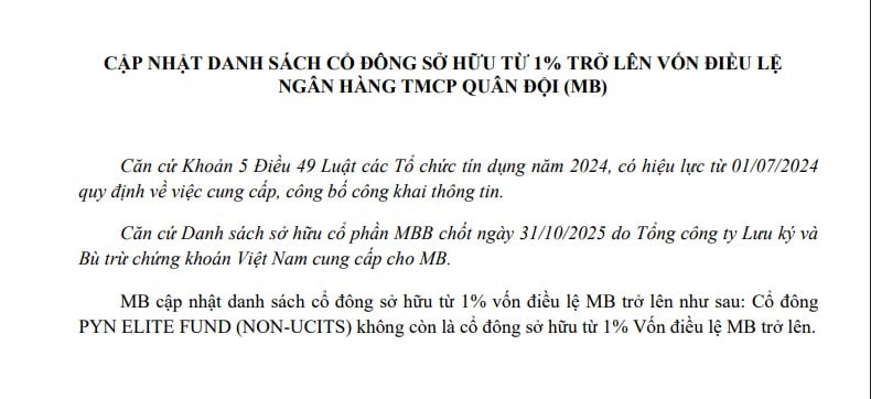 Th&ocirc;ng b&aacute;o mới nhất của MB về danh s&aacute;ch cổ đ&ocirc;ng sở hữu từ 1% vốn điều lệ trở l&ecirc;n.