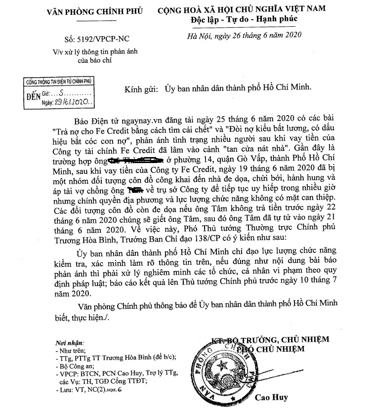 Văn Ph&ograve;ng Ch&iacute;nh Phủ đ&atilde; phải c&oacute; c&ocirc;ng văn y&ecirc;u cầu cơ quan chức năng v&agrave;o cuộc sau trường hợp kh&aacute;ch h&agrave;ng L.T.T bị đ&ograve;i nợ. Ảnh: Cổng th&ocirc;ng tin điện tử Ch&iacute;nh Phủ. &nbsp;