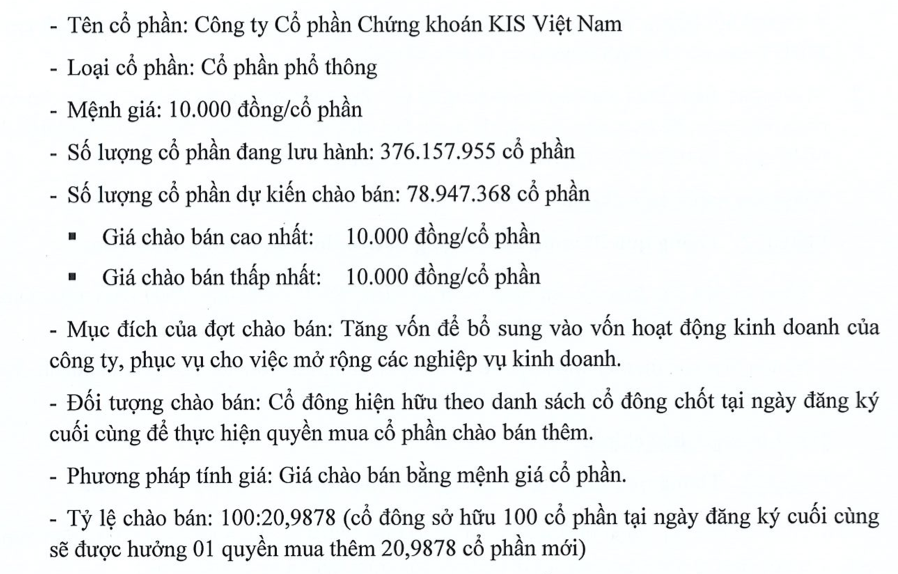 Phương &aacute;n ch&agrave;o b&aacute;n mới của Chứng kho&aacute;n KIS Việt Nam.