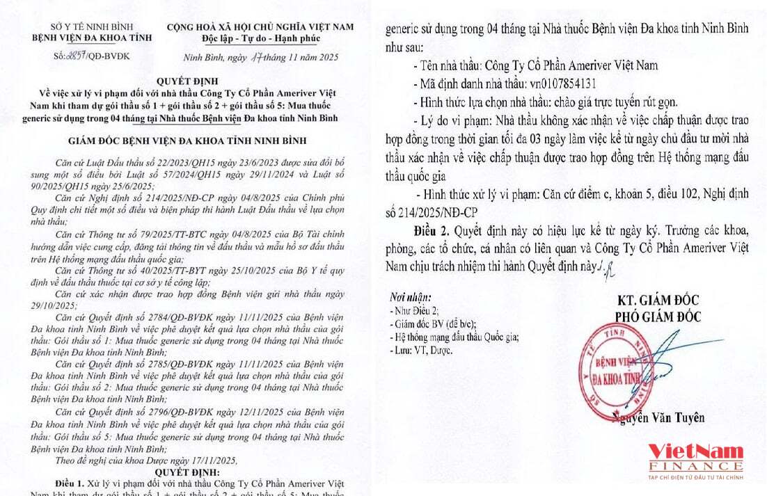 Quyết định xử l&yacute; vi phạm do BVĐK tỉnh Ninh B&igrave;nh ban h&agrave;nh li&ecirc;n quan đến ba g&oacute;i thầu thuốc generic của Ameriver Việt Nam.