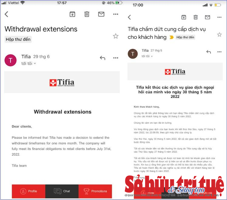 Th&ocirc;ng b&aacute;o của s&agrave;n Tifia gửi đến cho anh H&agrave; v&agrave; chị Hằng&nbsp;