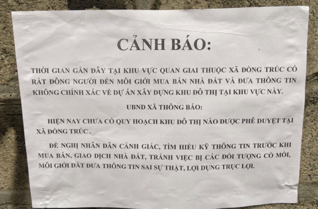 Ch&iacute;nh quyền địa phương th&ocirc;ng b&aacute;o, chưa c&oacute; quy hoạch khu đ&ocirc; thị n&agrave;o được duyệt tại x&atilde; Đồng Tr&uacute;c.