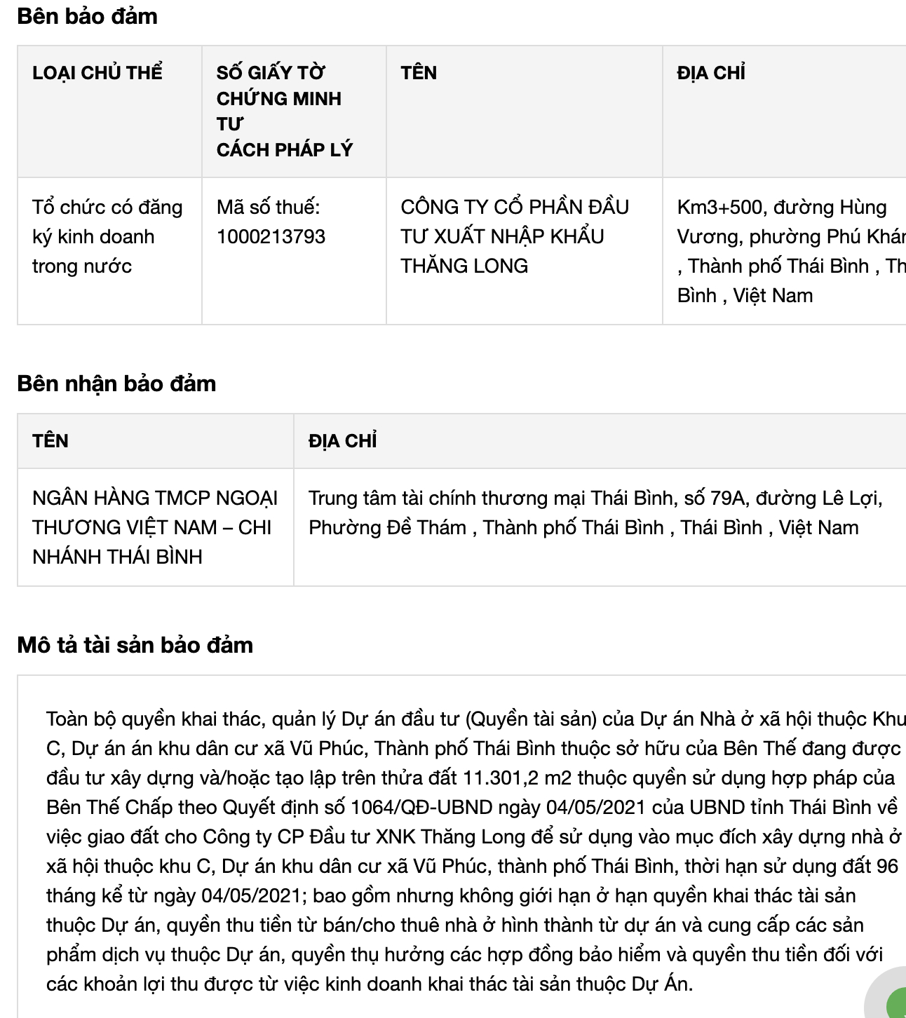 Dự &aacute;n nh&agrave; ở khu x&atilde; hội thuộc khu C, Dự &aacute;n khu d&acirc;n cư x&atilde; Vĩ Ph&uacute;c TP. Th&aacute;i b&igrave;nh được doanh nghiệp thế chấp.&nbsp;