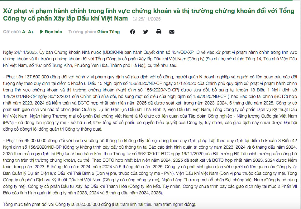 Ủy ban Chứng kho&aacute;n Nh&agrave; nước (UBCKNN) xử phạt vi phạm h&agrave;nh ch&iacute;nh trong lĩnh vực chứng kho&aacute;n v&agrave; thị trường chứng kho&aacute;n đối với Tổng C&ocirc;ng ty cổ phần X&acirc;y lắp Dầu kh&iacute; Việt Nam. Ảnh chụp m&agrave;n h&igrave;nh
