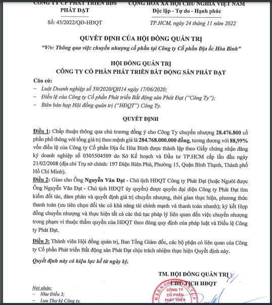 HĐQT Bất động sản Ph&aacute;t Đạt th&ocirc;ng qua việc chuyển nhượng gần 28,5 triệu cổ phần tại CTCP Địa ốc H&ograve;a B&igrave;nh.