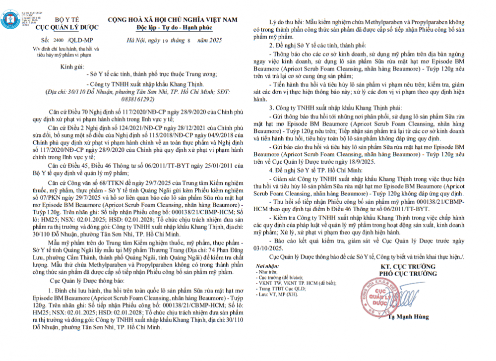 Văn bản th&ocirc;ng b&aacute;o về sản phẩm vi phạm của C&ocirc;ng ty Khang Thịnh&nbsp;