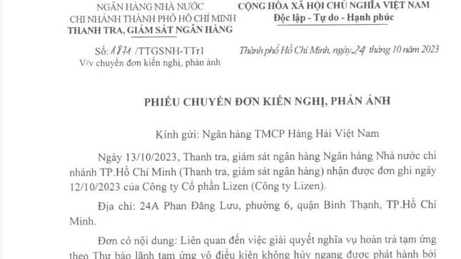 Trước đ&oacute;, li&ecirc;n quan đến việc C&ocirc;ng ty Lizen "tố" Ng&acirc;n h&agrave;ng MSB bội t&iacute;n, Ng&acirc;n h&agrave;ng Nh&agrave; nước - Chi nh&aacute;nh Tp.HCM đ&atilde; c&oacute; văn bản y&ecirc;u cầu xem x&eacute;t giải quyết sự việc