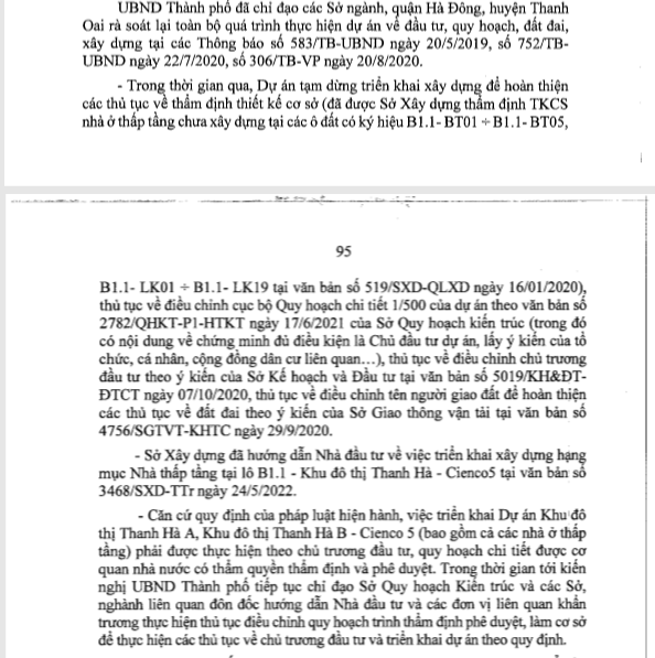 UBND TP H&agrave; Nội th&ocirc;ng tin về lộ tr&igrave;nh xử l&yacute; vi phạm v&agrave; giải ph&aacute;p triển khai dự &aacute;n KĐT Thanh H&agrave; Cienco 5. Nguồn: B&aacute;o c&aacute;o trả lời kiến nghị cử tri trước v&agrave; sau kỳ họp thứ 7 HĐND Th&agrave;nh phố kh&oacute;a XVI.