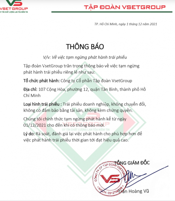 Tập đo&agrave;n VSETGroup ra th&ocirc;ng b&aacute;o ngừng ph&aacute;t h&agrave;nh tr&aacute;i phiếu doanh nghiệp từ ng&agrave;y 1/12/2021.