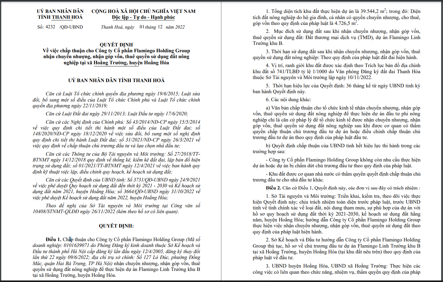 Văn bản của UBND tỉnh Thanh Ho&aacute; chấp thuận cho CTCP Flamingo Holding Group nhận chuyển nhượng, nhận g&oacute;p vốn, thu&ecirc; quyền sử dụng đất