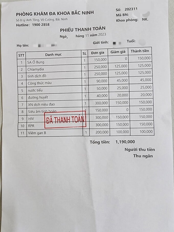 Với 11 danh mục như M&aacute;u, Dịch, Vi sinh, nước tiểu, HIV, vi&ecirc;m gan B.... bệnh nh&acirc;n phải trả số tiền 1.190.000 VNĐ.