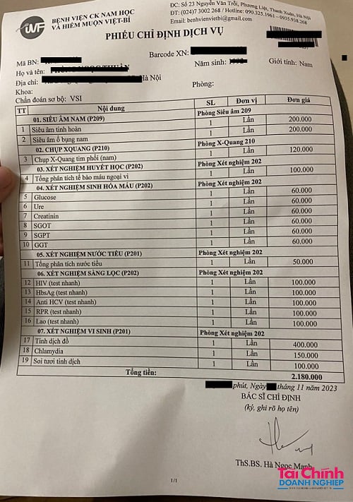 Sau khi tư vấn, BS Mạnh đ&atilde; chỉ định 19 loại x&eacute;t nghiệm c&oacute; gi&aacute; gần 2,2 triệu đồng để PV thực hiện c&aacute;c bước kiểm tra sức khỏe tiếp theo.