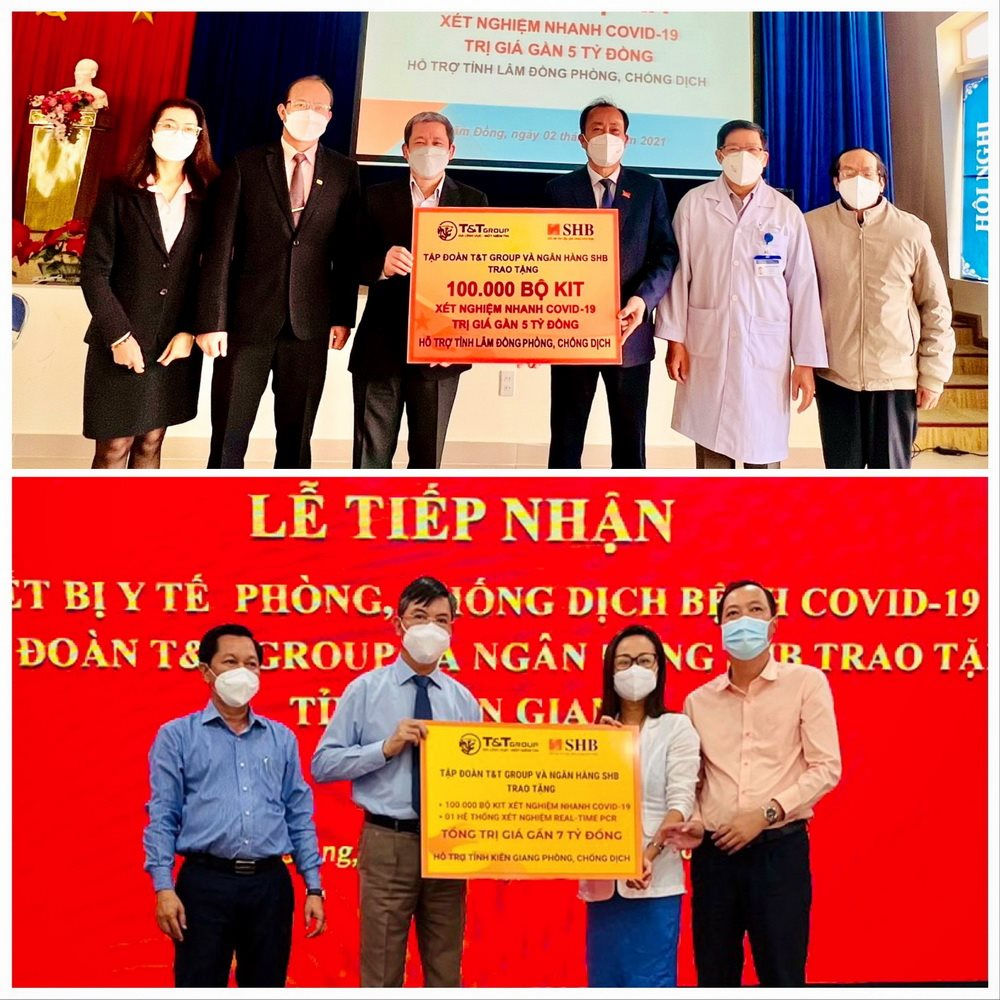 Đại diện Tập đo&agrave;n T&amp;T Group v&agrave; Ng&acirc;n h&agrave;ng SHB trao tặng trang thiết bị vật tư y tế hỗ trợ c&ocirc;ng t&aacute;c ph&ograve;ng, chống dịch COVID-19 cho tỉnh Lầm Đồng v&agrave; Ki&ecirc;n Giang. &nbsp;