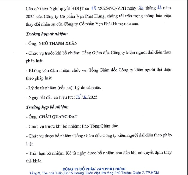Người được bổ nhiệm thay thế l&agrave; &ocirc;ng Ch&acirc;u Quang Đạt, trước đ&oacute; &ocirc;ng n&agrave;y từng giữ chức Ph&oacute; TGĐ c&ocirc;ng ty.