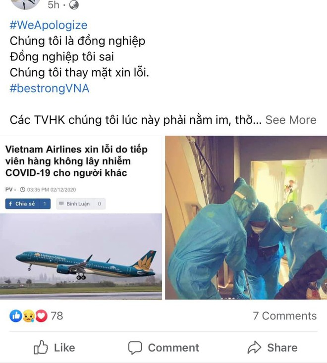 Tiếp vi&ecirc;n h&agrave;ng kh&ocirc;ng h&atilde;ng Vietnam Airlines đồng loạt chia sẻ trạng th&aacute;i với hashtag #WeApologize. Ảnh: thanhnien