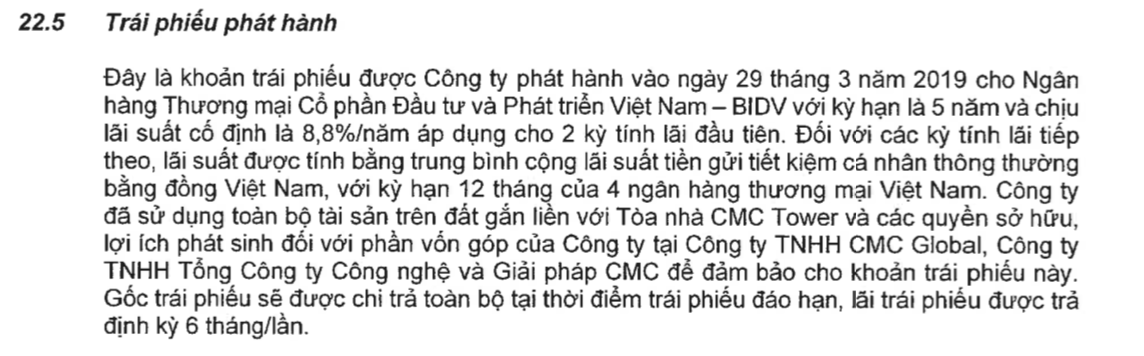 CMC sử dụng to&agrave;n bộ t&agrave;i sản tr&ecirc;n đất gắn liền với t&ograve;a nh&agrave; CMC Tower c&ugrave;ng phần vốn g&oacute;p tại c&aacute;c c&ocirc;ng ty con để l&agrave;m t&agrave;i sản đảm bảo cho tr&aacute;i phiếu.