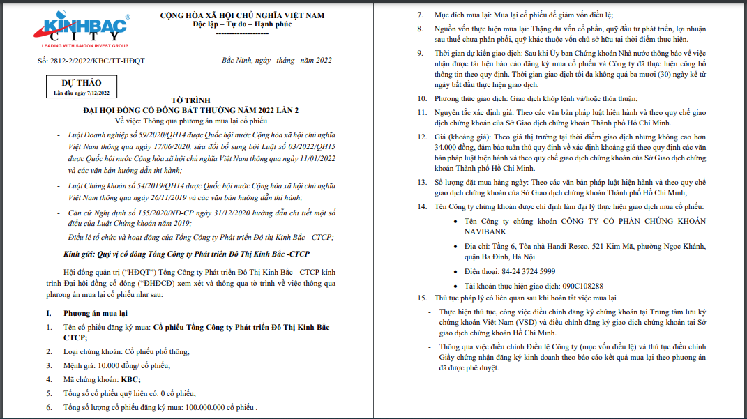 Tờ tr&igrave;nh phương &aacute;n mua lại cổ phiếu của Kinh Bắc.