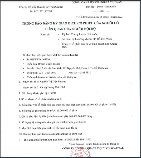 VinaCapital muốn b&aacute;n to&agrave;n bộ 10 triệu cổ phiếu KDH của Nh&agrave; Khang Điền sau 1 th&aacute;ng mua v&agrave;o.