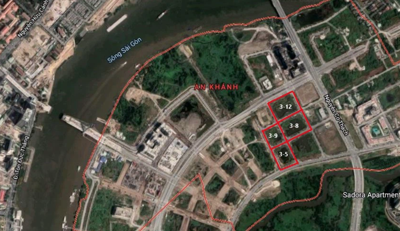 4 khu đất được đấu gi&aacute; c&oacute; tổng diện t&iacute;ch hơn 30.000 m2, thuộc khu chức năng số 3 v&agrave; số 4 Khu đ&ocirc; thị mới Thủ Thi&ecirc;m, phường An Kh&aacute;nh, TP Thủ Đức. (Ảnh: Google Maps). &nbsp;