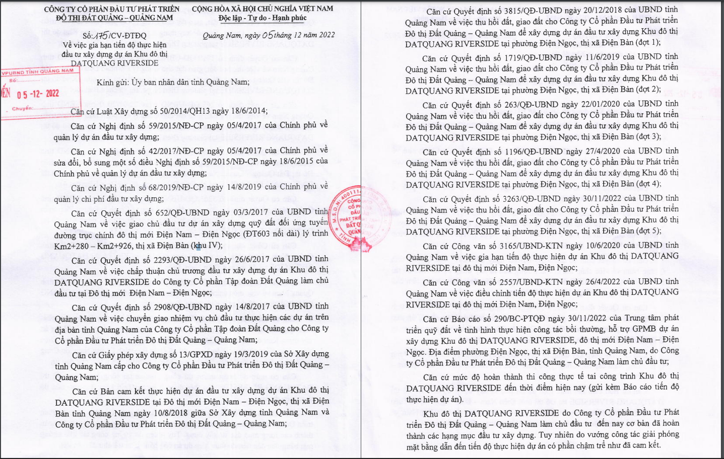 C&ocirc;ng văn của chủ đầu tư về việc xin gia hạn tiến độ dự &aacute;n Khu đ&ocirc; thị DATQUANG RIVERSIDE.