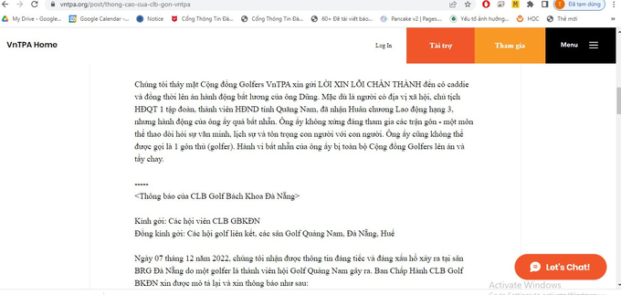 Th&ocirc;ng b&aacute;o của CLB VnTPA Golf Club (Ảnh chụp m&agrave;n h&igrave;nh).
