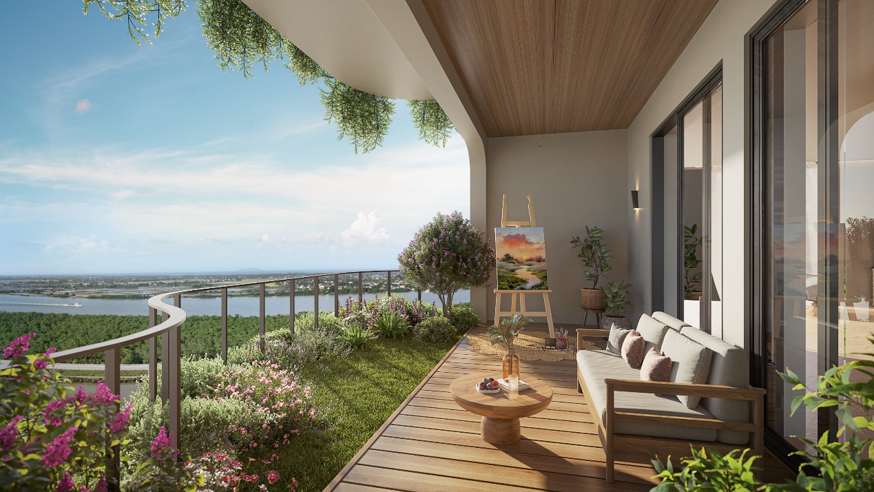 Mỗi căn hộ như một biệt thự tr&ecirc;n kh&ocirc;ng với ban c&ocirc;ng s&acirc;n vườn ri&ecirc;ng.