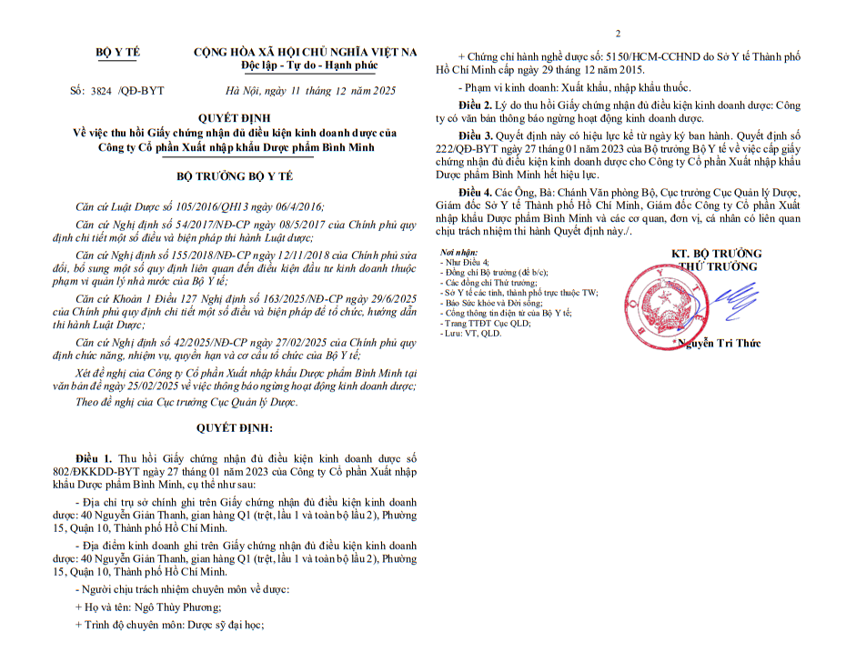&nbsp;Quyết định của Bộ Y tế về việc&nbsp;thu hồi Giấy chứng nhận đủ điều kiện kinh doanh dược của CTCP Xuất nhập khẩu Dược phẩm B&igrave;nh Minh