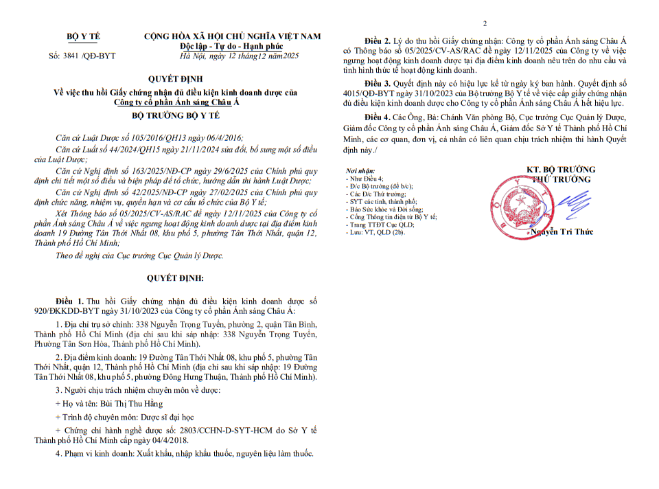 Dược phẩm Bình Minh và CTCP Ảnh sáng Châu Á bị thu hồi Giấy chứng nhận đủ điều kiện kinh doanh, nguyên nhân do đâu? - Ảnh 1