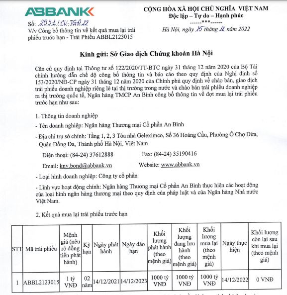 Kết quả mua lại tr&aacute;i phiếu trước hạn tại ABBank (nguồn: HNX)