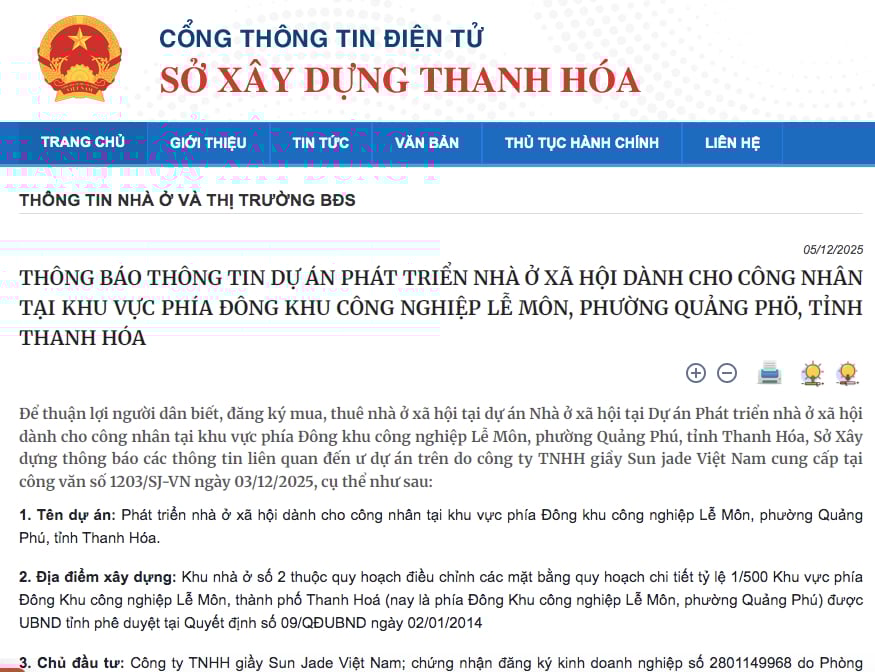 Dự &aacute;n Ph&aacute;t triển nh&agrave; ở x&atilde; hội d&agrave;nh cho c&ocirc;ng nh&acirc;n tại khu vực ph&iacute;a Đ&ocirc;ng khu c&ocirc;ng nghiệp Lễ M&ocirc;n, phường Quảng Ph&uacute;, tỉnh Thanh H&oacute;a, do c&ocirc;ng ty TNHH giầy Sun Jade Việt Nam l&agrave;m chủ đầu tư.