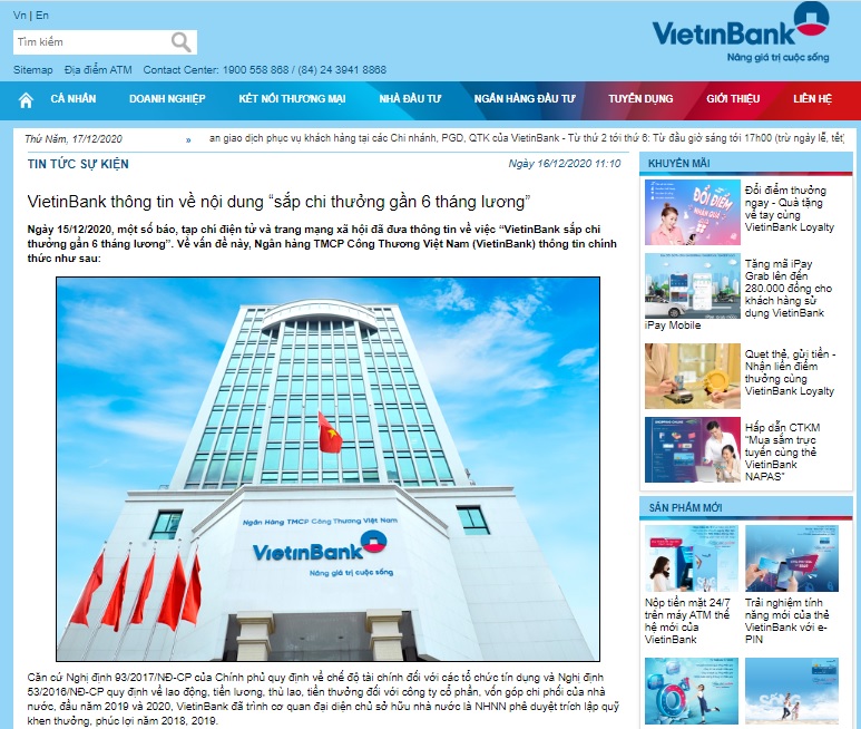 VietinBank th&ocirc;ng tin về nội dung &ldquo;sắp chi thưởng gần 6 th&aacute;ng lương&rdquo; tr&ecirc;n trang web.