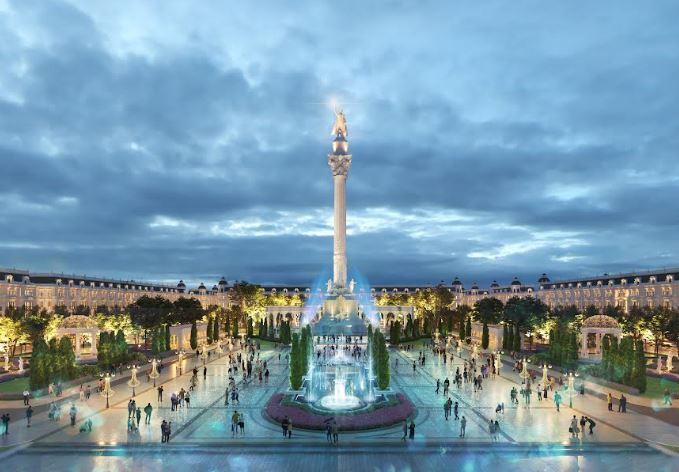 Quảng trường Danko Square v&agrave; th&aacute;p biểu tượng The Pride &ndash; Tr&aacute;i tim của Danko Riverside.