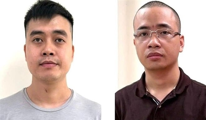 Bị can Ho&agrave;ng Quang Thịnh (tr&aacute;i) v&agrave; La Khắc Minh. Ảnh: Bộ C&ocirc;ng an
