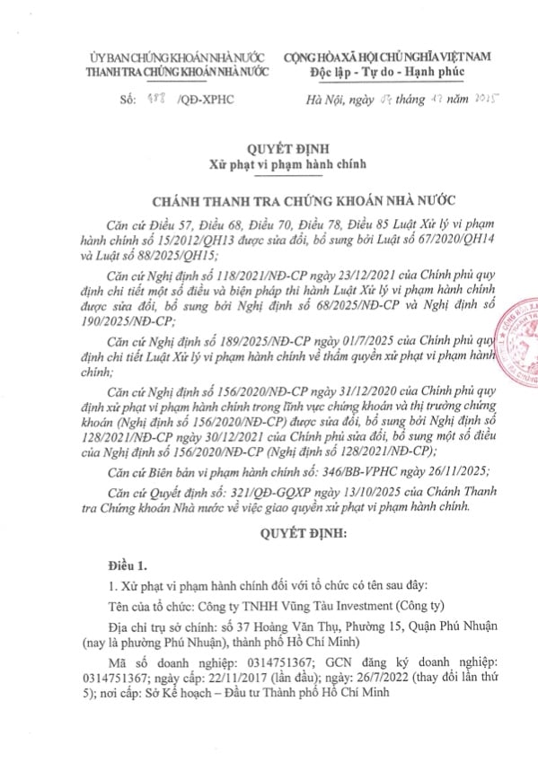 Vi phạm nhiều lần, C&ocirc;ng ty Vũng T&agrave;u Investment bị xử phạt.