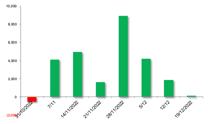 Gi&aacute; trị mua (b&aacute;n) r&ograve;ng của nh&agrave; đầu tư nước ngo&agrave;i tr&ecirc;n s&agrave;n HoSE theo tuần (Đơn vị: tỷ đồng) (Nguồn: TVSI).