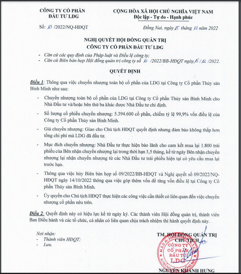 Đầu tư LDG th&ocirc;ng b&aacute;o chuyển nhượng 5,4 triệu cổ phần tại Thuỷ sản B&igrave;nh Minh. Nguồn: Nghị quyết HĐQT LDG