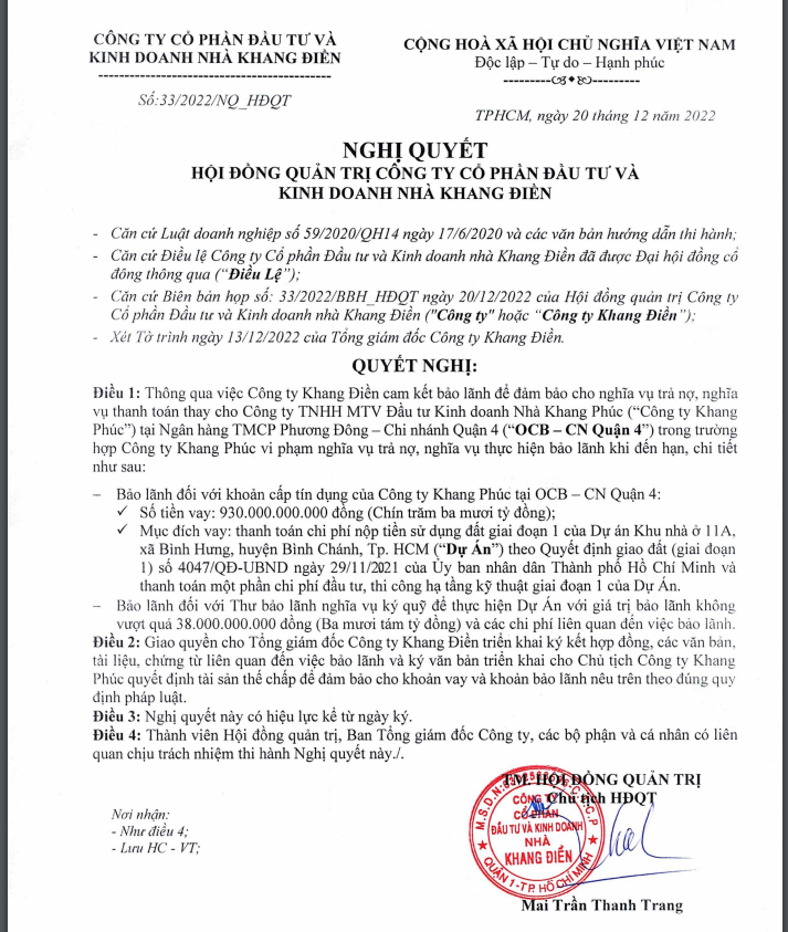Nghị quyết HĐQT Nh&agrave; Khang Điền th&ocirc;ng qua việc bảo l&atilde;nh cho Nh&agrave; Khang Ph&uacute;c vay 930 tỷ đồng tại OCB
